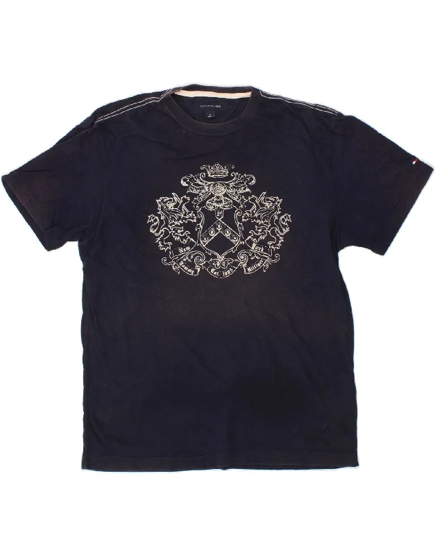 TOMMY HILFIGER Mens Graphic T-Shirt Top Medium Navy Blue Cotton Chenille Brocade Lace