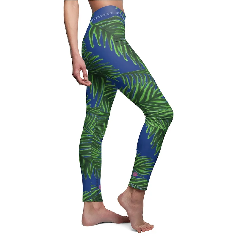 Navy Blue Tropical Leaves Casual Leggings, Green Jungle Palm Tree Women's Long Leggings-Made in USA Cozy Cotton Leggings