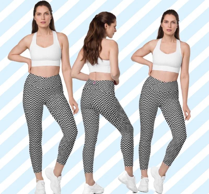 White Black Chevron Leggings, Best Designer Printed Crossover Leggings With 2 Side Pockets Trendy High-Compression Leggings
