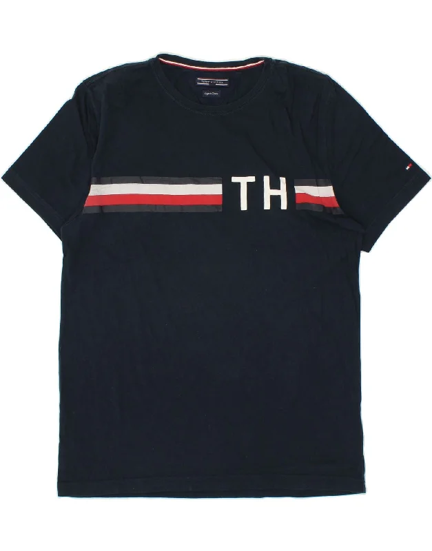 TOMMY HILFIGER Mens Graphic T-Shirt Top XL Navy Blue Mesh Blend Leather Blend Suede Blend