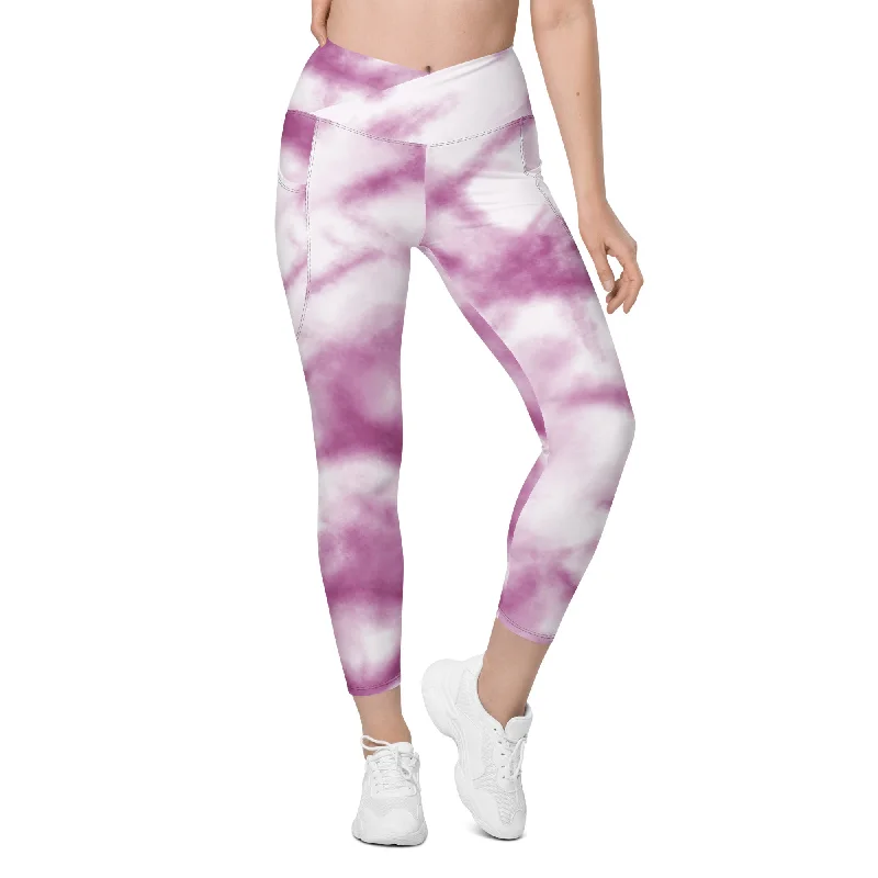 Purple Tie Dye Women's Tights, Best Pink Purple Tie Dye Print Women's Crossover Leggings With Pockets For Ladies - Made in USA/EU/MX Fashionable Quick-Dry Yoga Pants