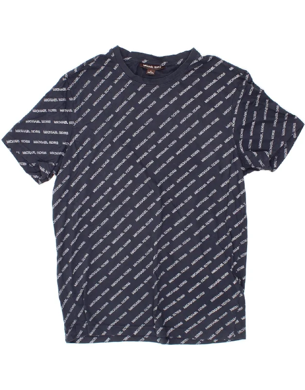 MICHAEL KORS Womens Graphic T-Shirt Top UK 14 Medium Navy Blue Cotton Notch Collar Peter Pan Collar Cowl Neck