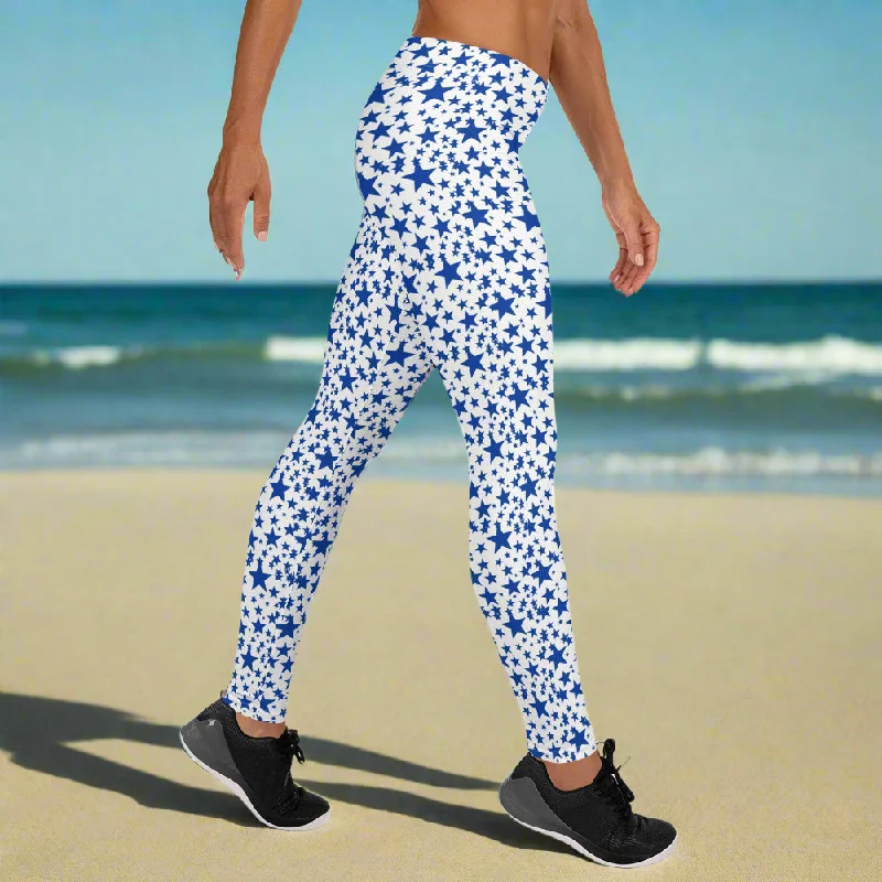 White Blue Star Tights, Colorful Best Star Pattern Best Premium Women's Casual Dressy Leggings- Made in USA/EU Cozy Workout Performance Leggings