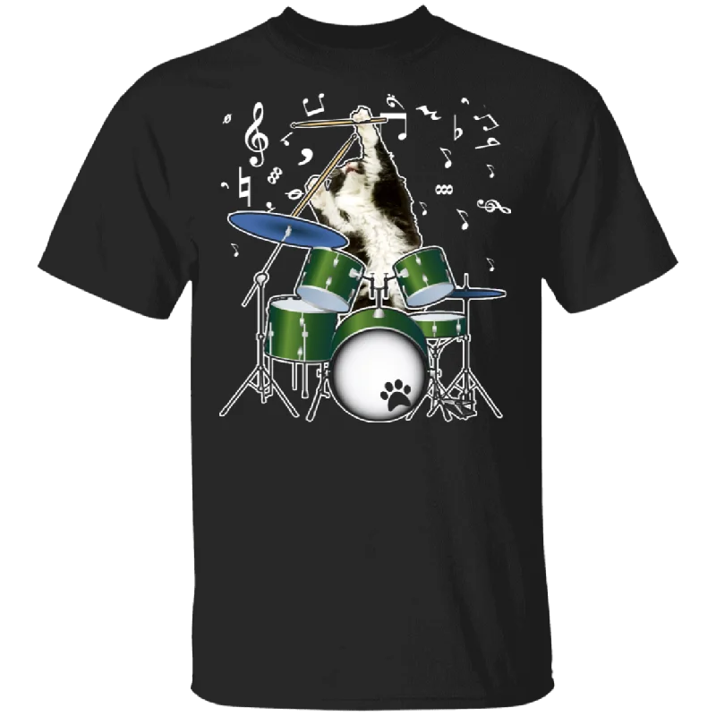 Cute Cat Playing Rock Music Funny Drum Set Matching Cat Lover Owner Musician Music Lover Gifts T-Shirt Basic T-Shirt Crew Neck Short Sleeve