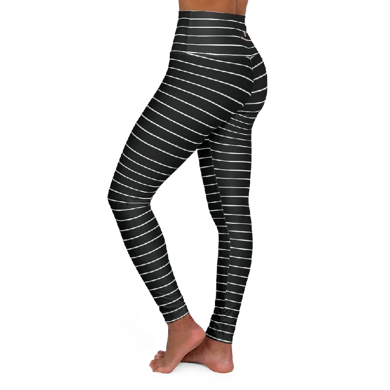 Black Horizontally Striped Tights, High Waisted Yoga Leggings, Black White Stripes Women's Tights - Made in USA Fashionable Sports Compression Leggings