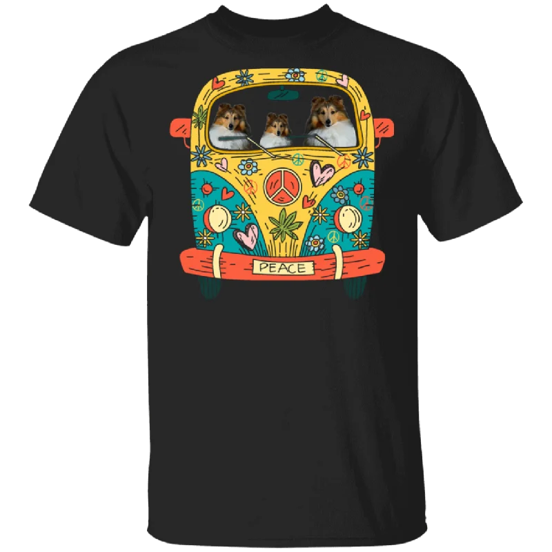 Shetland Sheepdog Riding Hippie Bus Funny Sheltie Dog Pet Lover Hippie Van Matching Shirt For Men Women Gifts T-Shirt Nylon Fabric Polyester Fabric Spandex Fabric