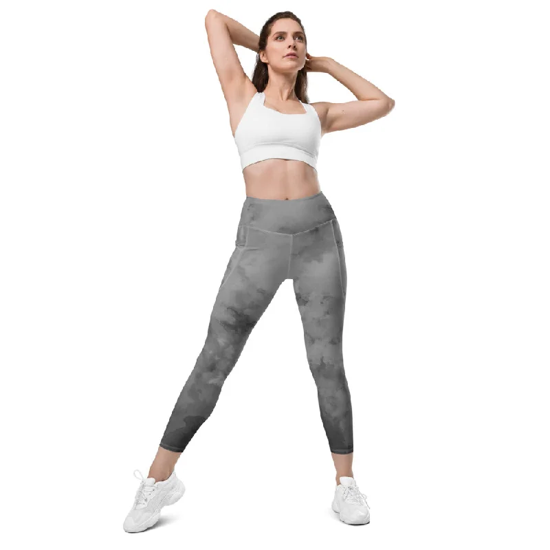 Grey Abstract Women's Leggings, Abstract Best Leggings With Pockets For Women - Made in USA/EU/MX Cozy Bootcut Leggings
