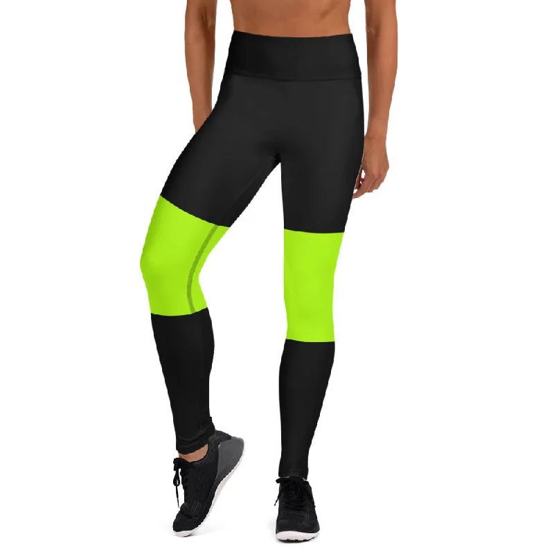 Black Green Striped Yoga Leggings, Bright Neon Green Women's Yoga Tights-Made in USA/EU Fashionable Solid Color Tights