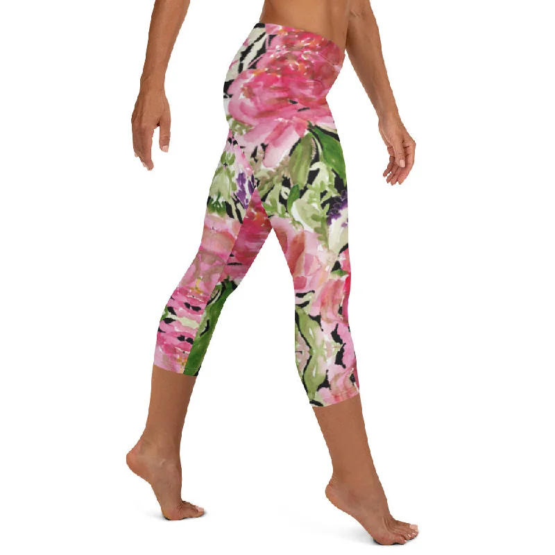 Flower Rose Casual Capri Leggings, Pink Floral Casual Tights Floral Designer Casual 38–40 UPF Capri Leggings Activewear Outfit - Made in USA/EU/MX (US Size: XS-XL) Trendy Minimalist Leggings