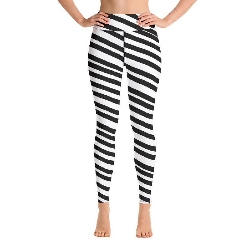 White Black Striped Yoga Leggings, Diagonal Stripes Women's Long Tights-Made in USA/EU/MX Comfortable Wide-Band Leggings
