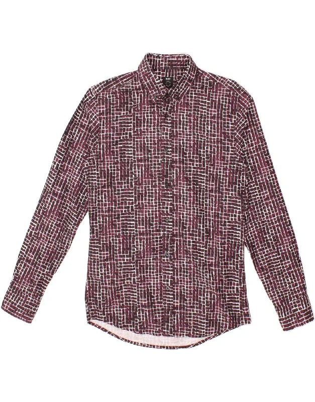 HUGO BOSS Mens Slim Fit Shirt Medium Burgundy Geometric Cotton Fitted T-Shirt Seamless Stretchy