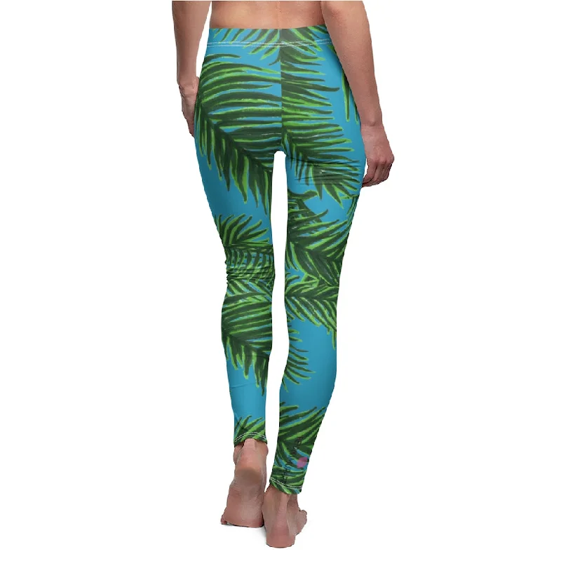 Blue Tropical Leaves Casual Leggings, Green Jungle Palm Tree Women's Long Leggings-Made in USA Stylish High-Waisted Leggings