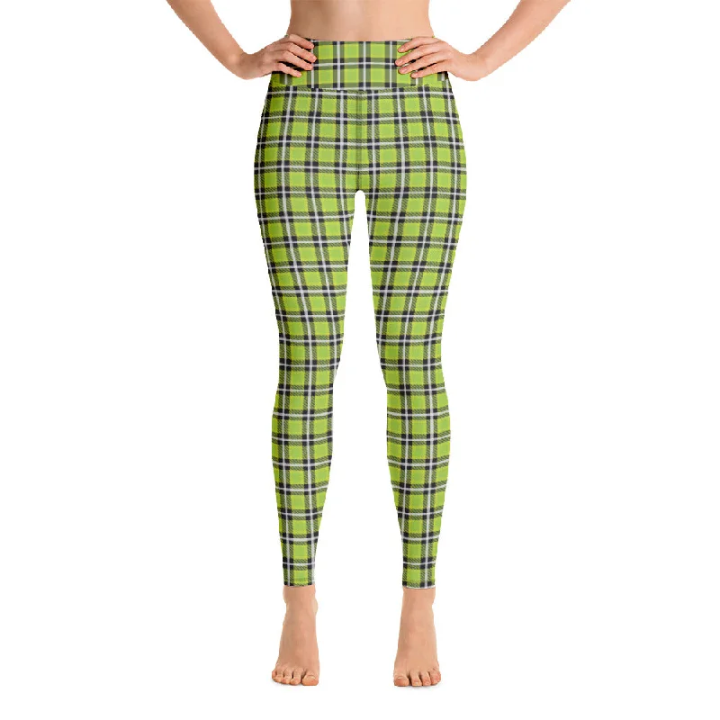 Green Plaid Print Yoga Leggings, Scottish Tartan Plaid Print Women's Tights-Made in USA/EU Comfortable Full-Body Compression Leggings