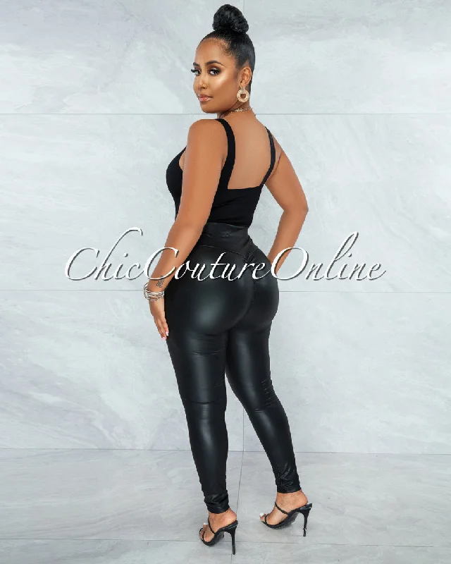 Eara Black Faux Leather Ruched Black Leggings Comfortable Leggings with Pockets