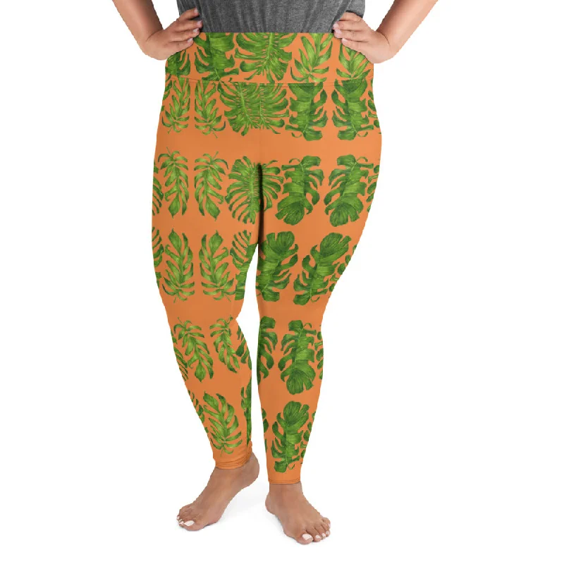 Orange Tropical Leaf Yoga Pants, Hawaiian Style Print Plus Size Women's Leggings-Made in USA/EU Comfortable Power Mesh Leggings