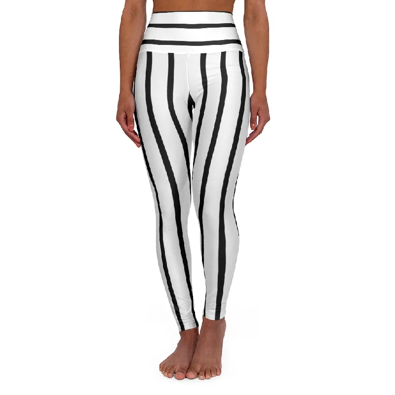 Striped High Waisted Yoga Leggings, Black and White Vertical Wide Stripes Women's Tights - Made in USA Elegant Full-Body Leggings