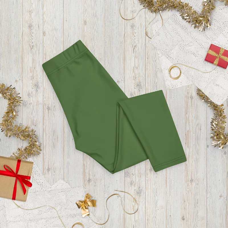 Pine Green Solid Capri Leggings, Solid Pine Green Color Capris Fashion Casual Tights For Women-Made in USA/EU/MX Fashionable Embroidered Detail Leggings