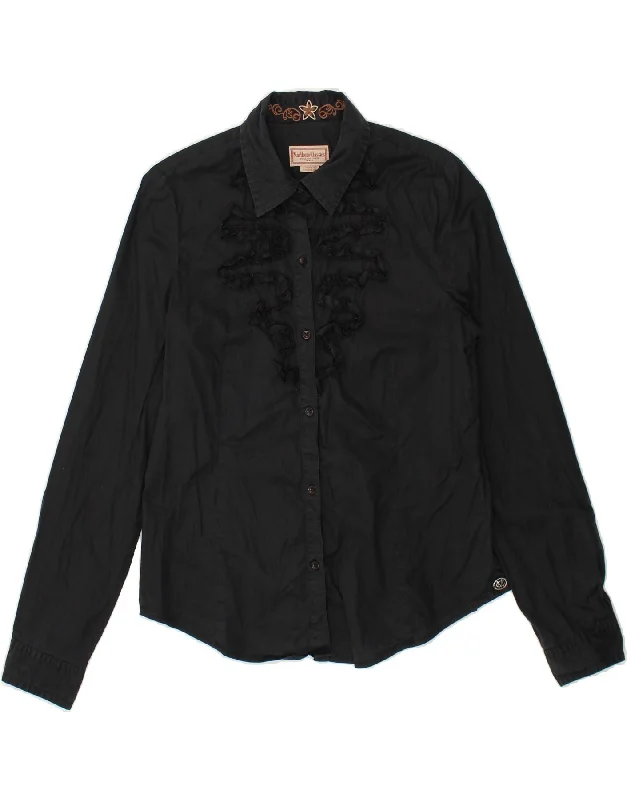 MARLBORO CLASSICS Womens Ruffle Front Shirt EU 48 2XL Black Cotton Hooded Caped Shawl Collar