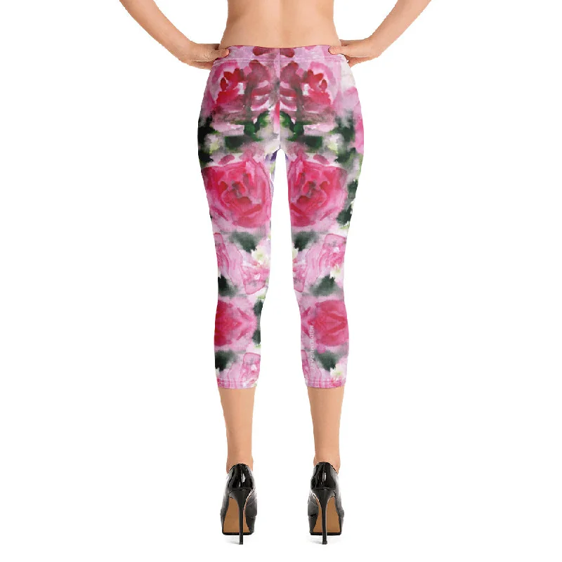 Garden Roses Capri Leggings, Pink Roses Floral Casual Tights Floral Designer Casual 38–40 UPF Capri Leggings Activewear Outfit - Made in USA/EU/MX (US Size: XS-XL) Comfortable Sports Performance Tights