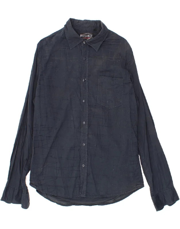 DESIGUAL Mens Slim Shirt Large Navy Blue Geometric Zippered Front Buttoned Front Snap Front