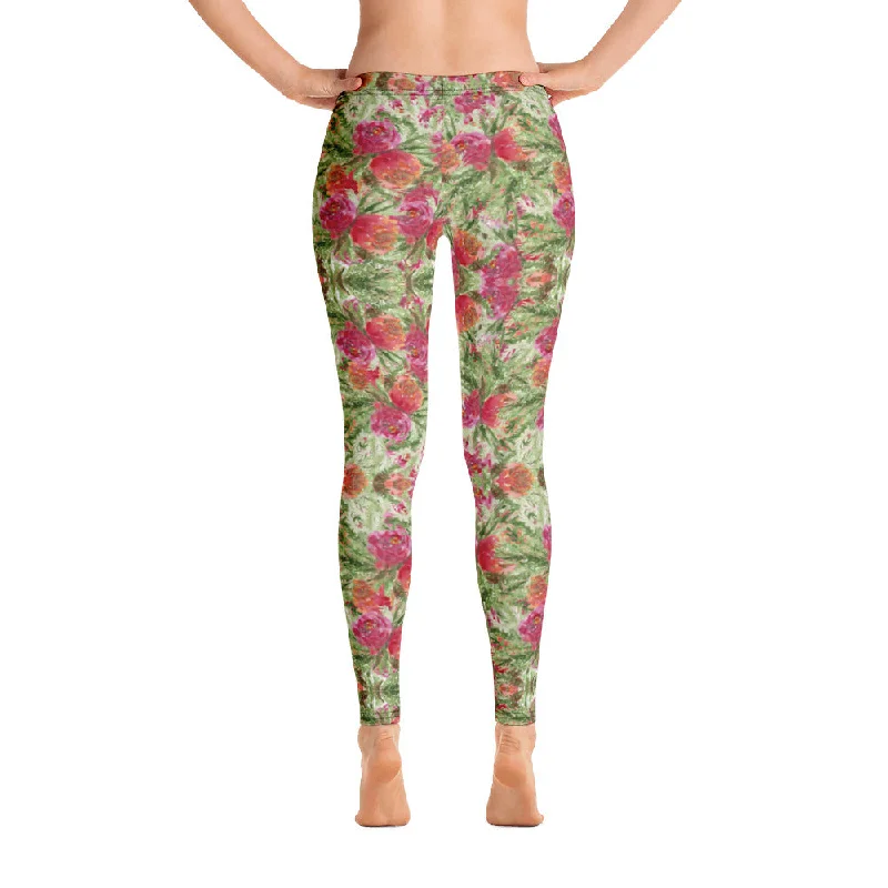Flower Print Women's Casual Leggings, Rose Pink Green Ladies' Long Tights - Made in USA/EU/MX Stylish Ultra Stretch Leggings