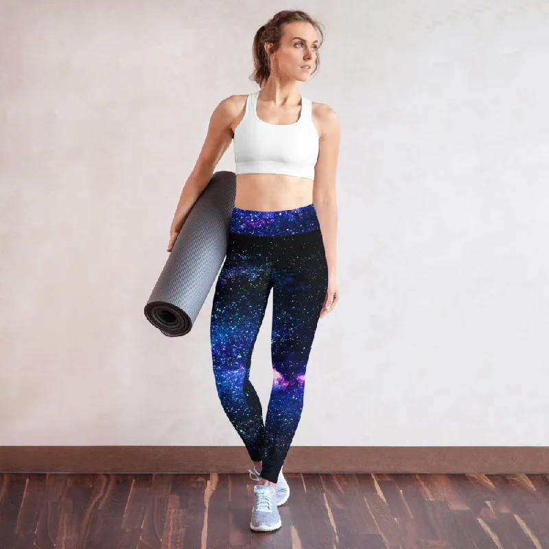 Blue Galaxy Women's Yoga Leggings, Purple Space Print Long Gym Tights-Made in USA/EU/MX Cozy Sweat-Wicking Leggings