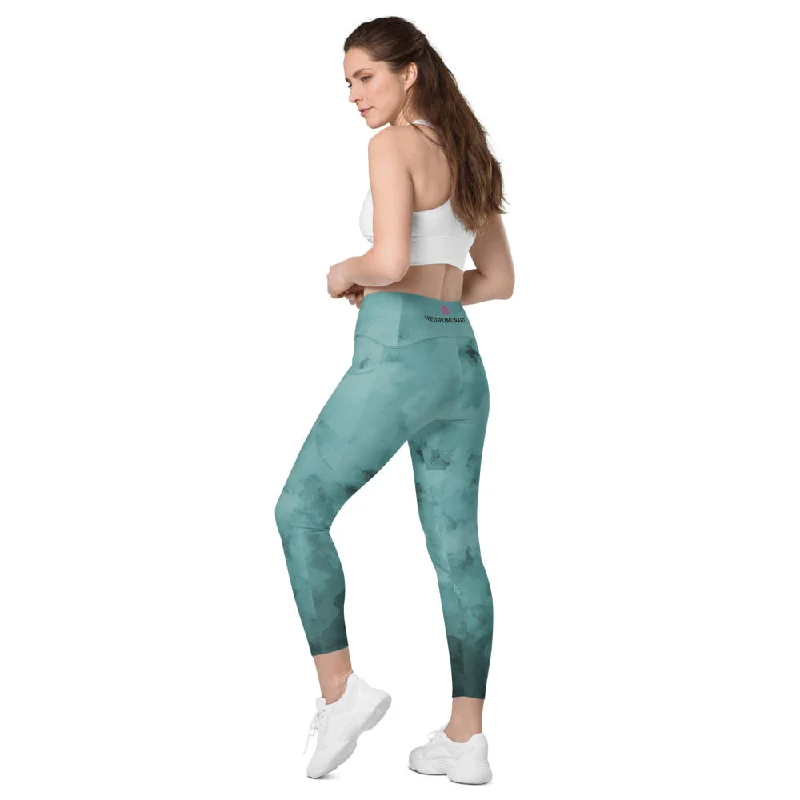 Blue Abstract Women's Tights, Best Women's Crossover Leggings With Pockets For Ladies - Made in USA/EU/MX Elegant Stretchy Faux Leather Leggings