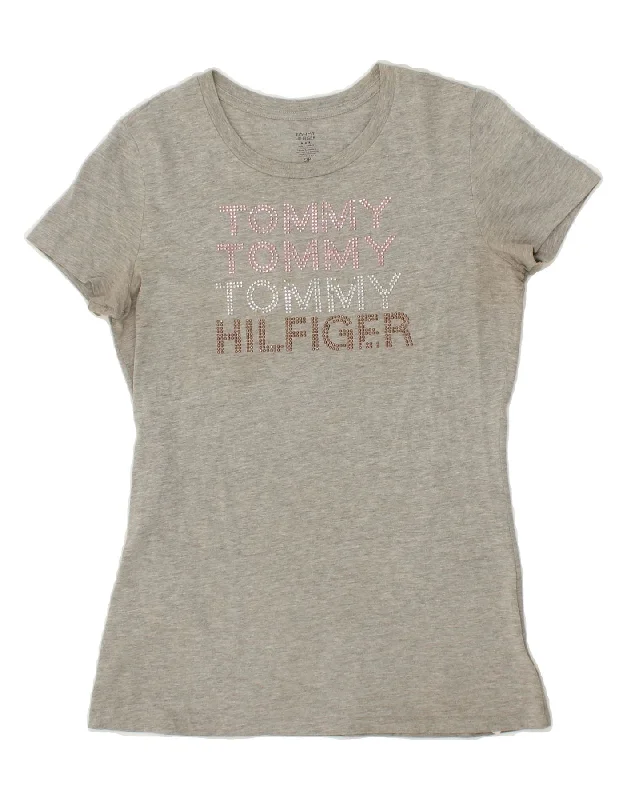 TOMMY HILFIGER Womens Graphic T-Shirt Top UK 10 Small Grey Cotton Notch Collar Peter Pan Collar Cowl Neck