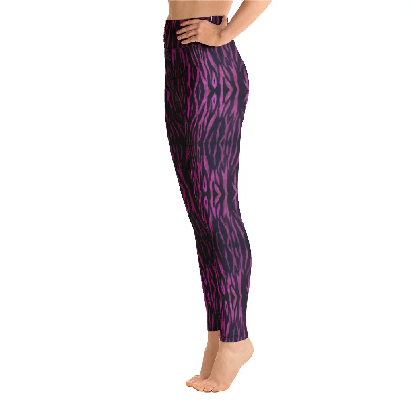 Purple Tiger Striped Yoga Leggings, Tiger Stripes Animal Print Women's Long Pants-Made in USA/EU Elegant Stretchy Faux Leather Leggings