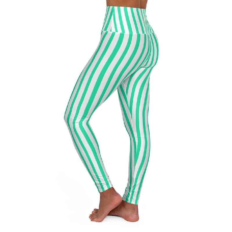 Blue Striped Women's Leggings, Designer Premium Modern High Waisted Yoga Pants-Made in USA Comfortable Classic Yoga Leggings