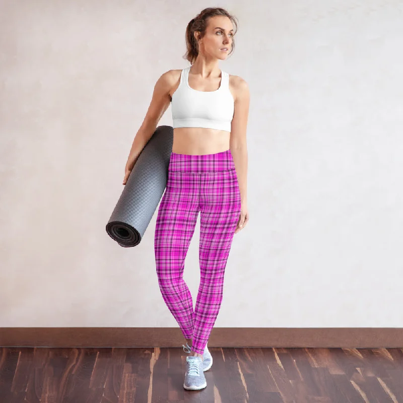 Pink Plaid Print Yoga Leggings, Tartan Scottish Style Classic Women's Long Yoga Pants - Made in USA/EU Comfortable Workout Fitness Leggings