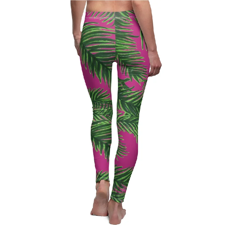 Pink Tropical Leaves Casual Leggings, Green Jungle Palm Tree Women's Long Leggings-Made in USA Fashionable Printed Leggings