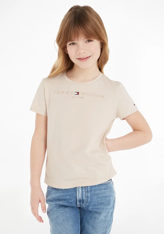 Tommy Hilfiger Older Girls Essentials Short Sleeve T-Shirt, Cashmere Cream Jersey Fabric Tulle Fabric Batik Fabric