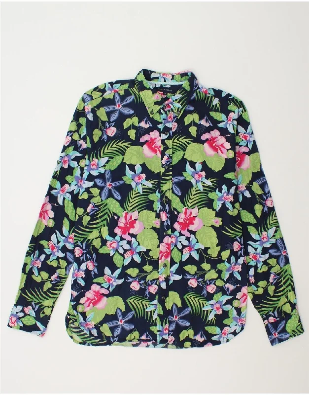 TOMMY HILFIGER Mens Shirt Medium Navy Blue Floral Cotton Mesh Blend Leather Blend Suede Blend