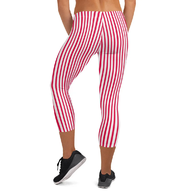 Red White Striped Capri Leggings, Vertically Striped Circus Ladies' Capris Tights-Made in USA/EU Comfortable Printed Workout Leggings