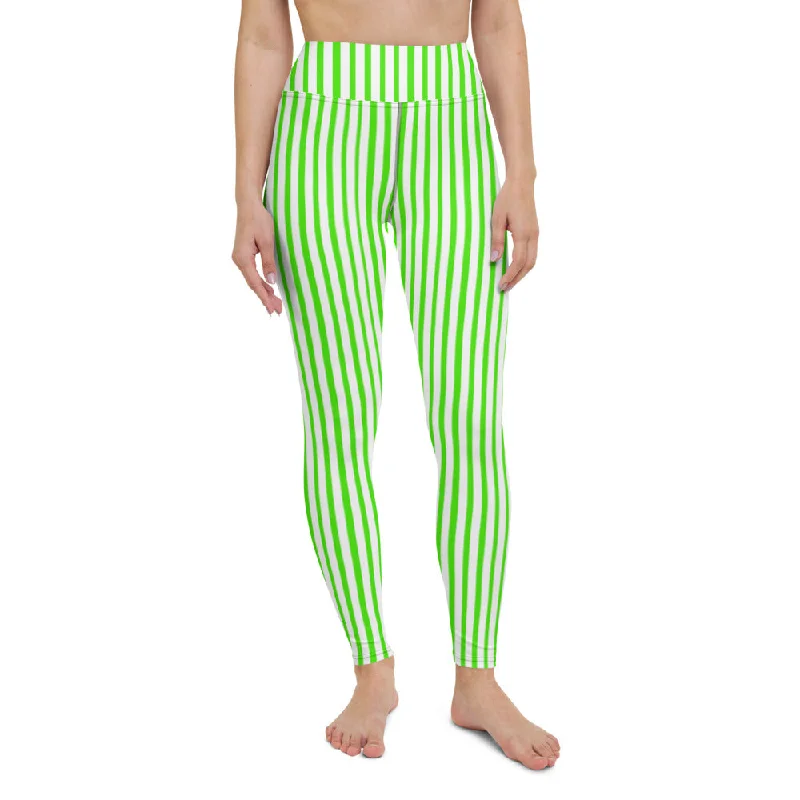 Green White Striped Yoga Leggings, Vertical Stripes Women's Long Tights-Made in USA/EU/MX Stylish Yoga Leggings