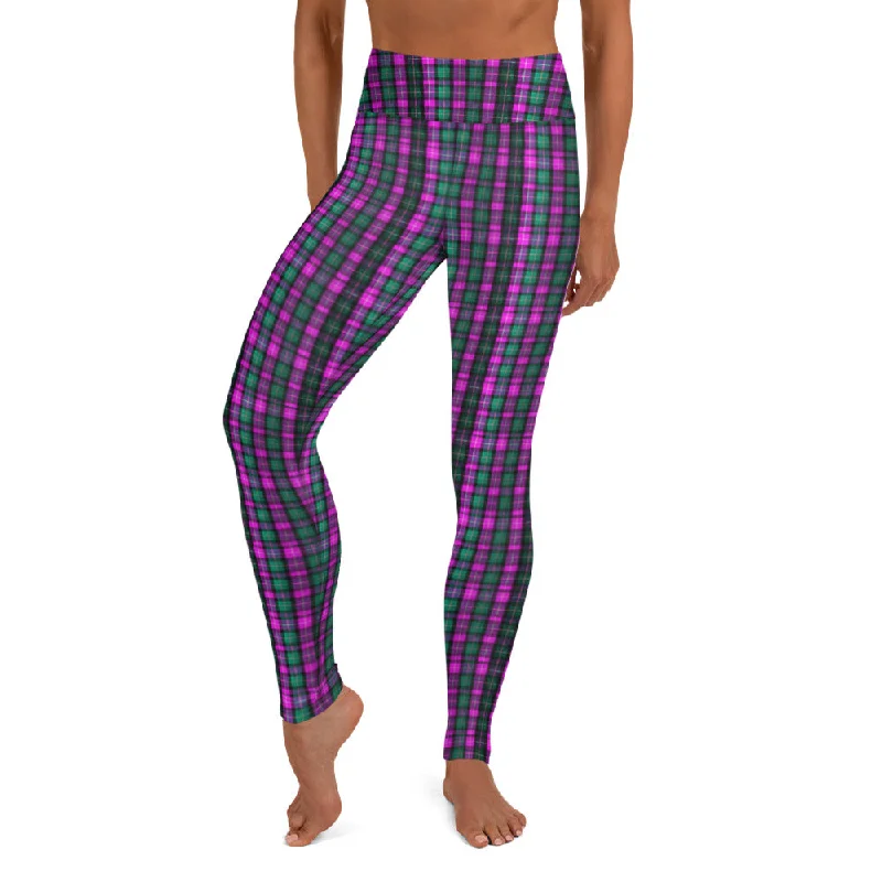 Pink Green Plaid Yoga Leggings, Scottish Tartan Print Women's Long Yoga Tights-Made in USA/EU Trendy Sports Performance Leggings