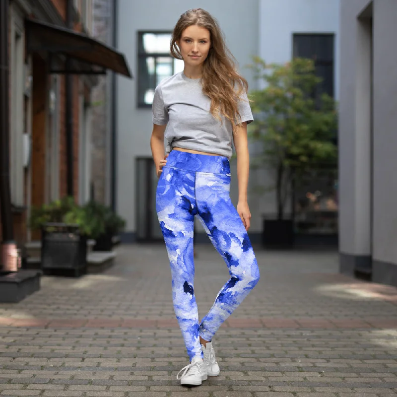 Blue Floral Print Yoga Leggings, Flower Rose Printed Women's Long Gym Tights-Made in USA/EU/MX Cozy Bootcut Leggings