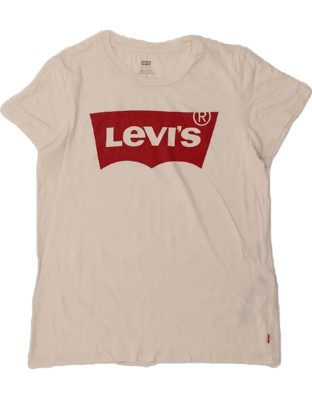 LEVI'S Womens Graphic T-Shirt Top UK 12 Medium White Cotton Striped Floral Plaid