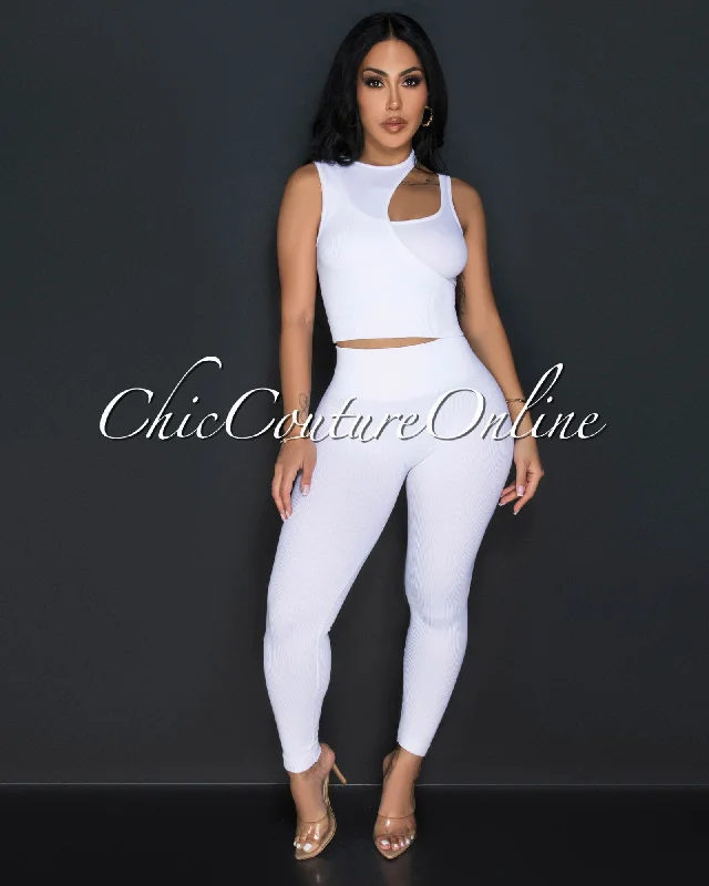 Vina White Key-Hole Ribbed Sculption Top & Leggings Set Trendy Sweat-Wicking Workout Leggings