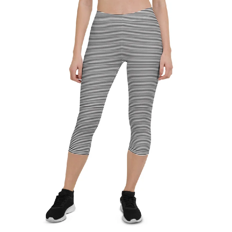 Black Striped Casual Capri Leggings, Designer Stripes Women's Capris Tights-Made in USA/EU Fashionable Sports Compression Leggings