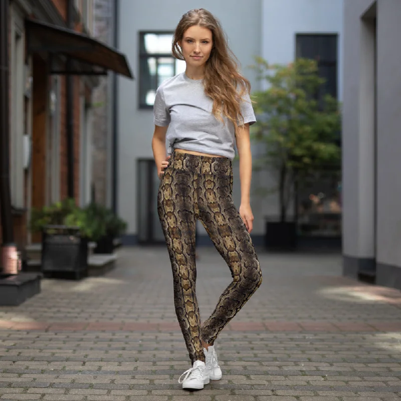 Brown Snake Print Yoga Leggings, Snake Python Print Ladies' Yoga Pants-Made in USA/EU Comfortable Tummy Shaping Leggings