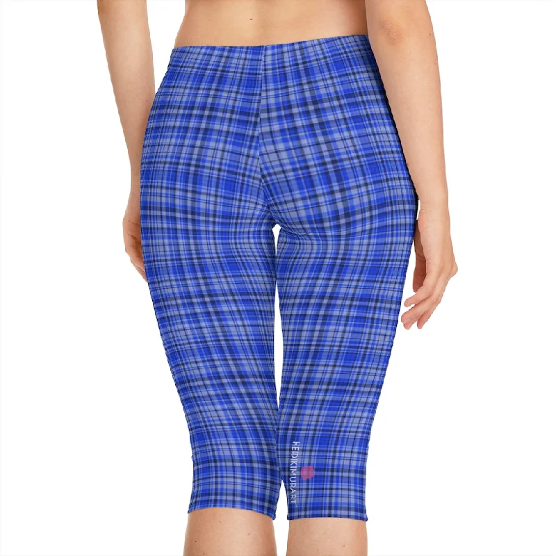 Blue Plaid Women's Capri Leggings, Knee-Length Polyester Capris Tights-Made in USA (US Size: XS-2XL) Stylish Pockets Active Leggings