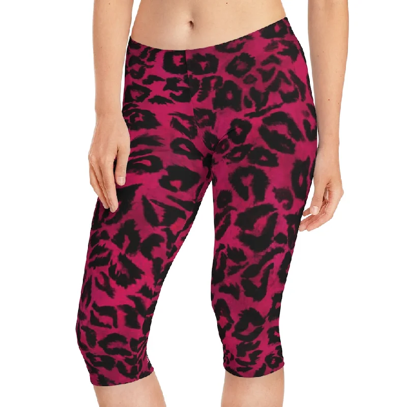 Pink Leopard Women's Capri Leggings, Pink Animal Print Best Knee-Length Polyester Capris Tights-Made in USA (US Size: XS-2XL) Trendy High-Waist Tummy Control Leggings