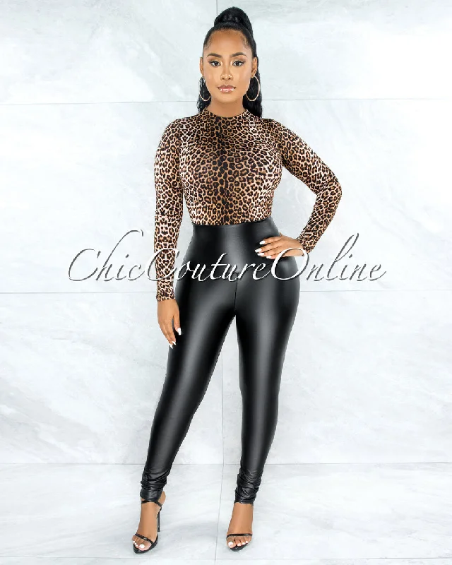 Caya Black Faux Leather High Waist Leggings Fashionable Embroidered Detail Leggings