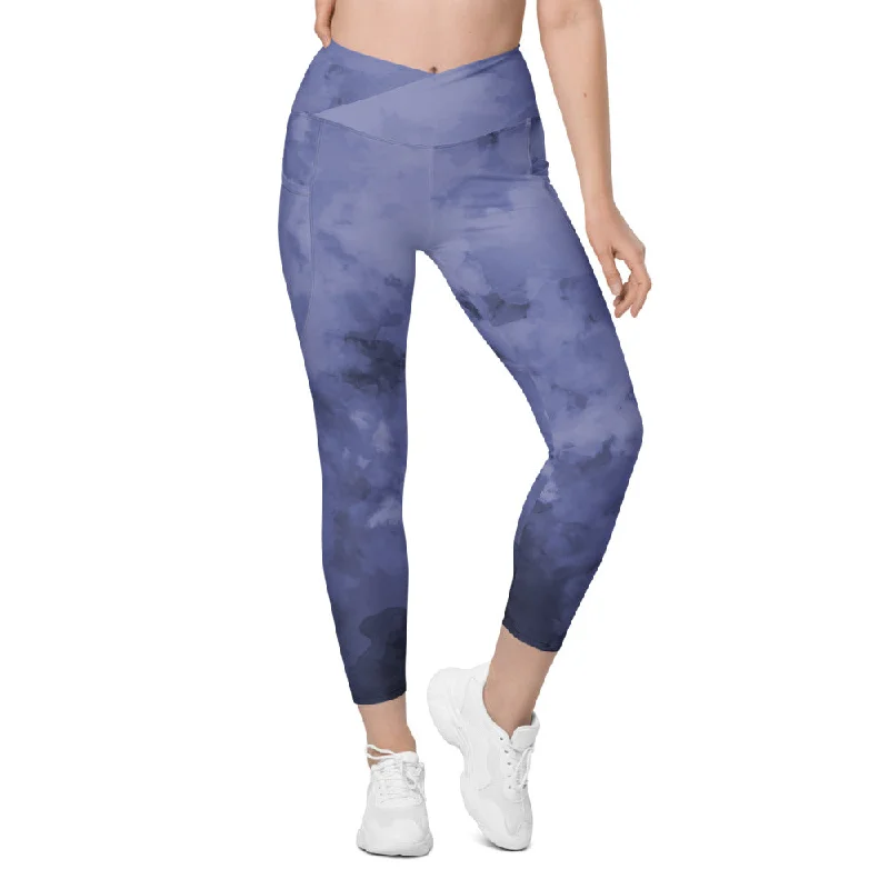 Violet Purple Abstract Women's Tights, Best Women's Crossover Leggings With Pockets For Ladies - Made in USA/EU/MX Casual Black Leggings