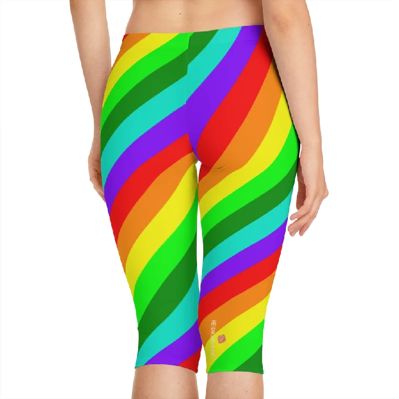 Diagonal Striped Women's Capri Leggings, Knee-Length Polyester Capris Tights-Made in USA (US Size: XS-2XL) Chic Velvet Soft Leggings
