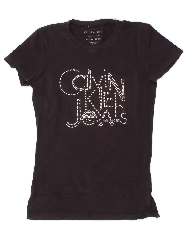 CALVIN KLEIN JEANS Womens Graphic T-Shirt Top UK 8 Small Black Cotton Rayon Fabric Velvet Fabric Corduroy Fabric