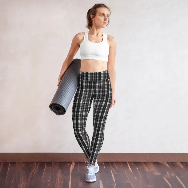 Black White Plaid Yoga Leggings, Scottish Black and White Plaid Print Women's Compression Long Tights-Made in USA/EU/MX Comfortable Lounge Leggings