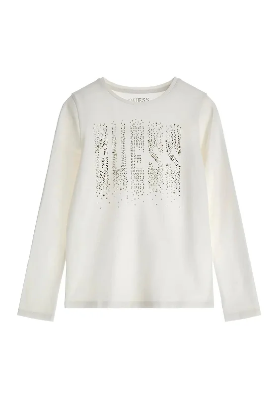 Guess Older Girls Rhinestone Long Sleeve T-Shirt, Off White Embroidered Appliqued Beaded